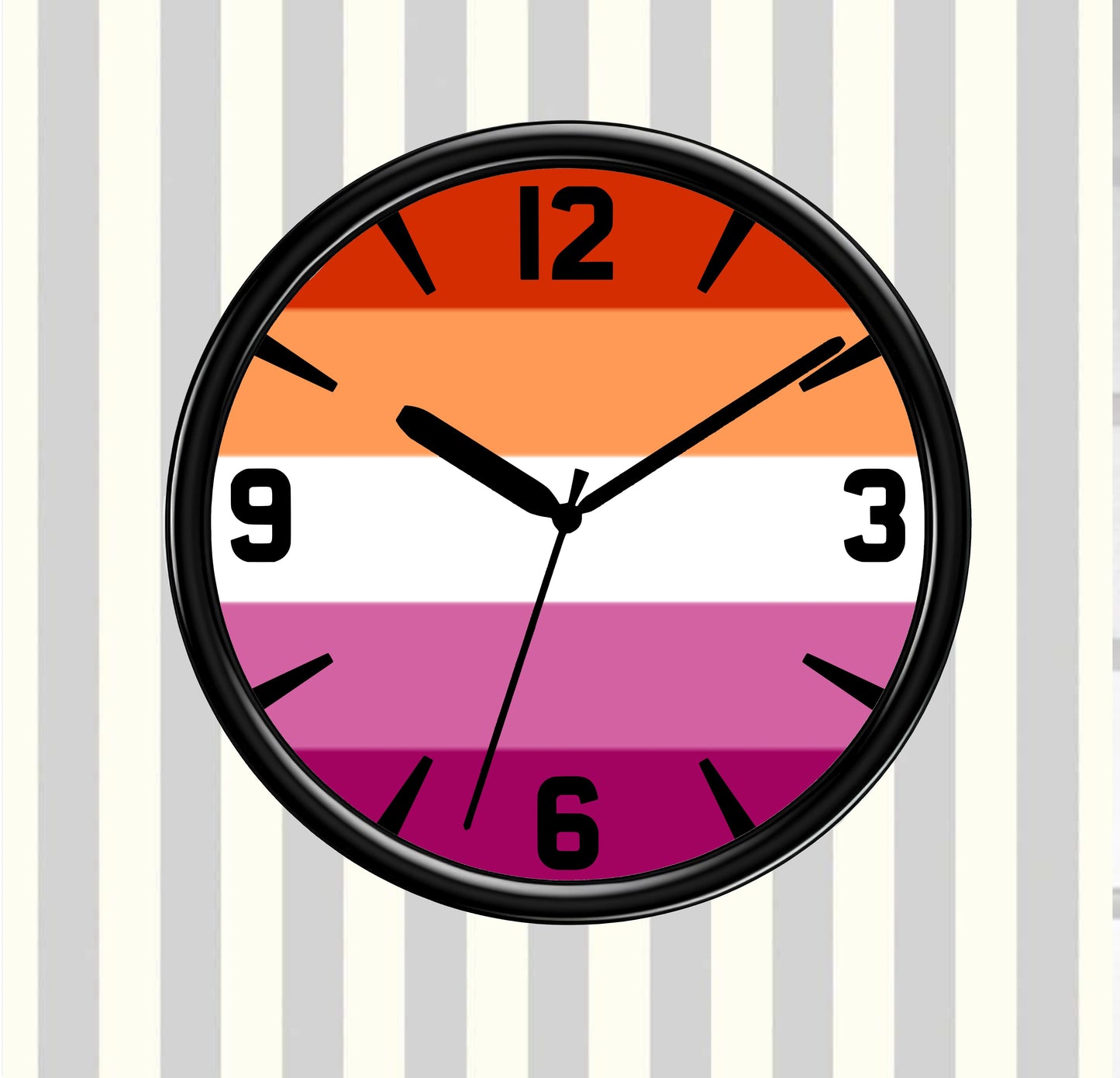 Round clock with a colorful design on a striped background