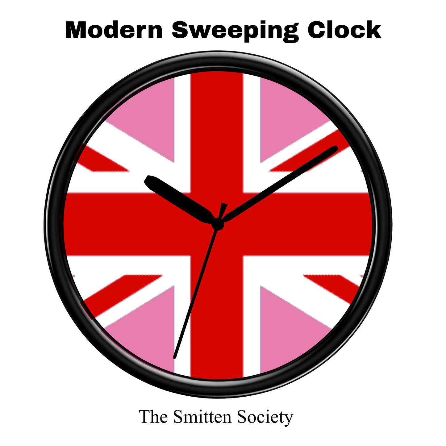 Wall clock with Union Jack design and 'Modern Sweeping Clock' text on a white background