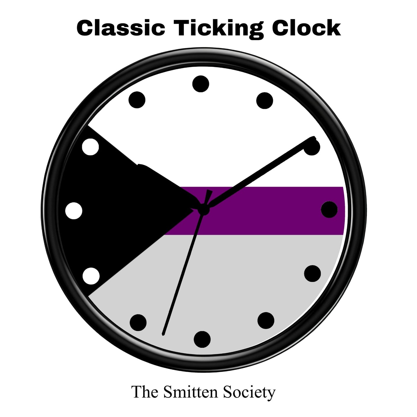 Pride Clock with a purple stripe and text 'Classic Ticking Clock The Smitten Society' on a white background