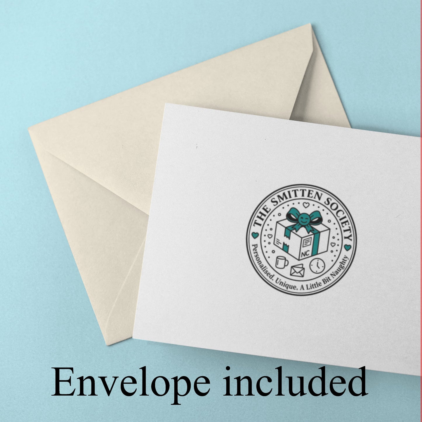 Envelope included, White card with a logo and beige envelope on a light blue background
