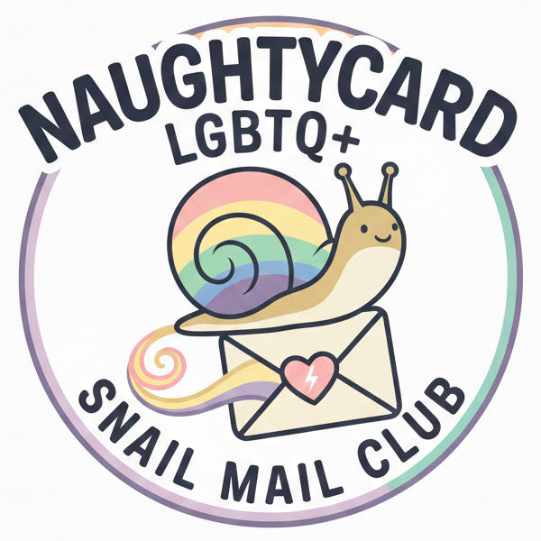 Logo of Naughtycard LGBTQ+ Snail Mail Club with a rainbow snail and envelope on a white background