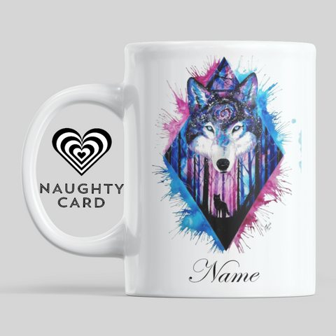 Wolf Blue and Pink Personalised Water Colour Mug From NaughtyCard. Watercolour animal mug.