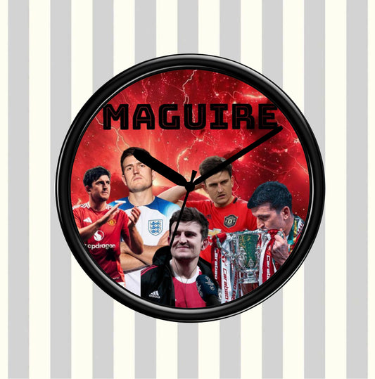 Wall clock with images of a Harry Maguire Football player and the name 'Maguire' on a red background.