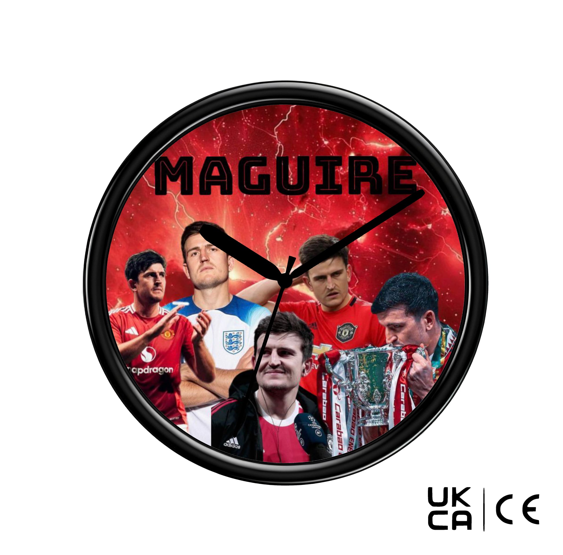 Wall clock with images of a sports figure and the name 'Maguire' on a red background.