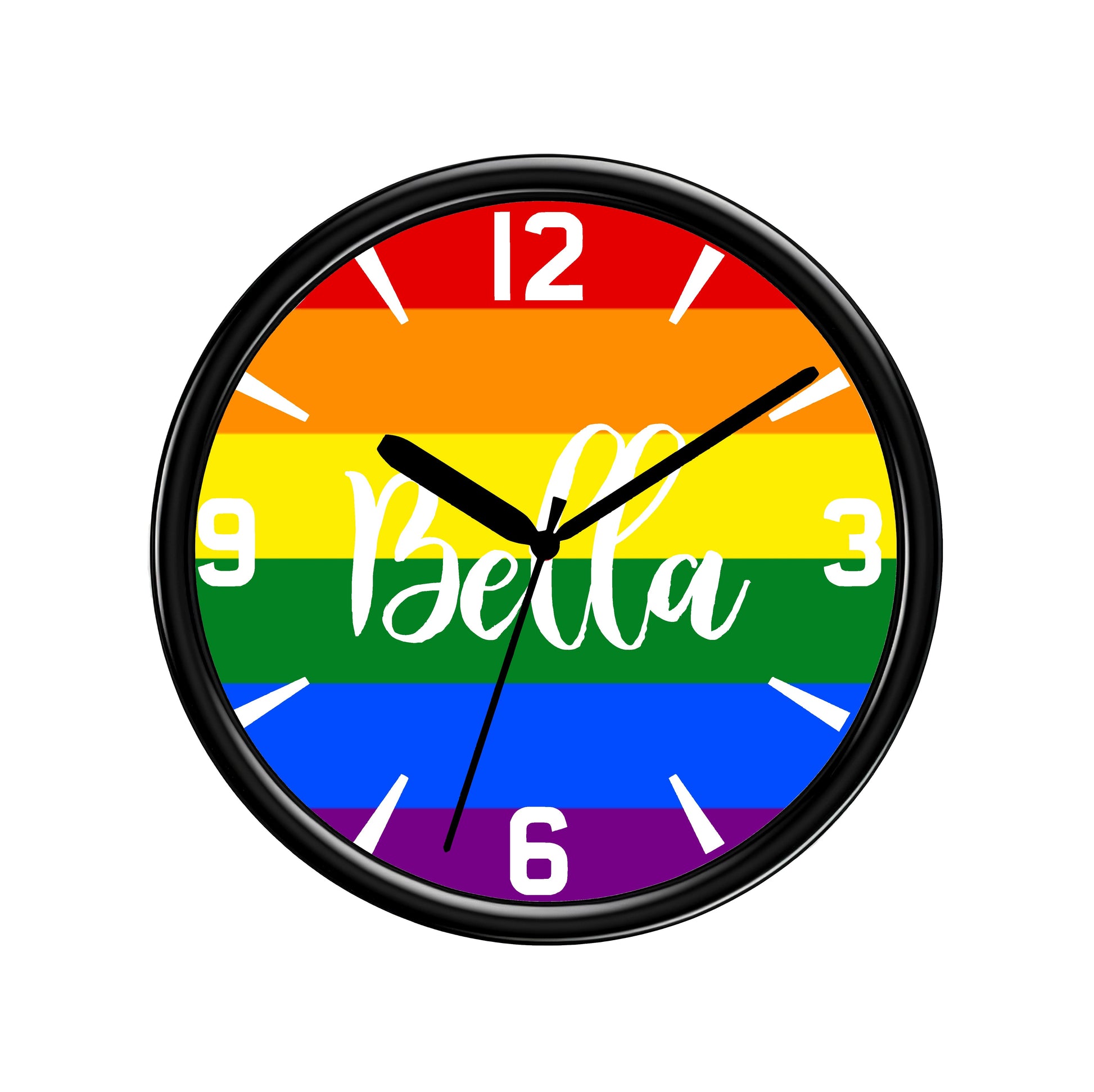 Personalised Pride Wall clock with rainbow design and 'Bella' text on a white background