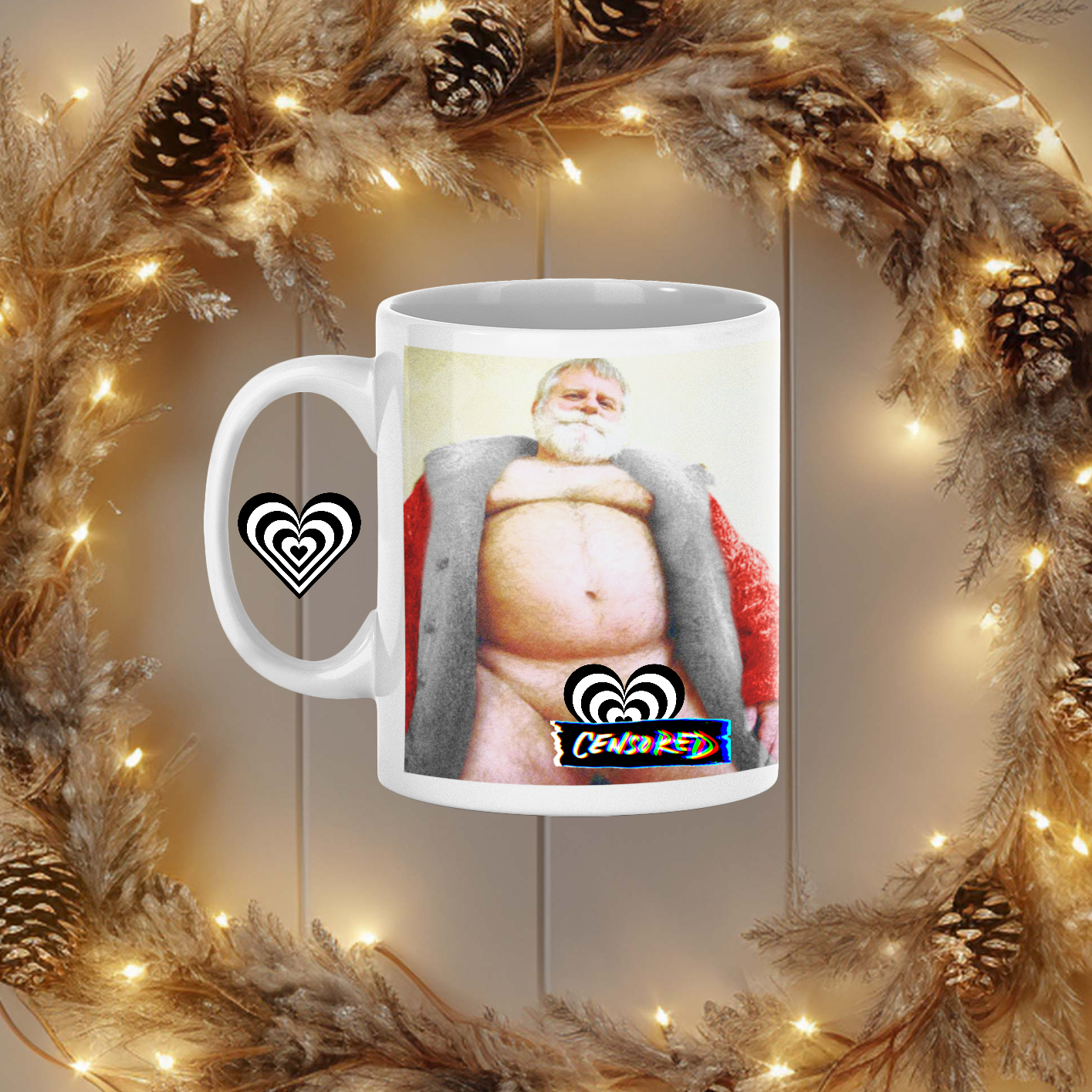 White mug with a printed design of a person in a Santa suit surrounded by decorative lights and branches.