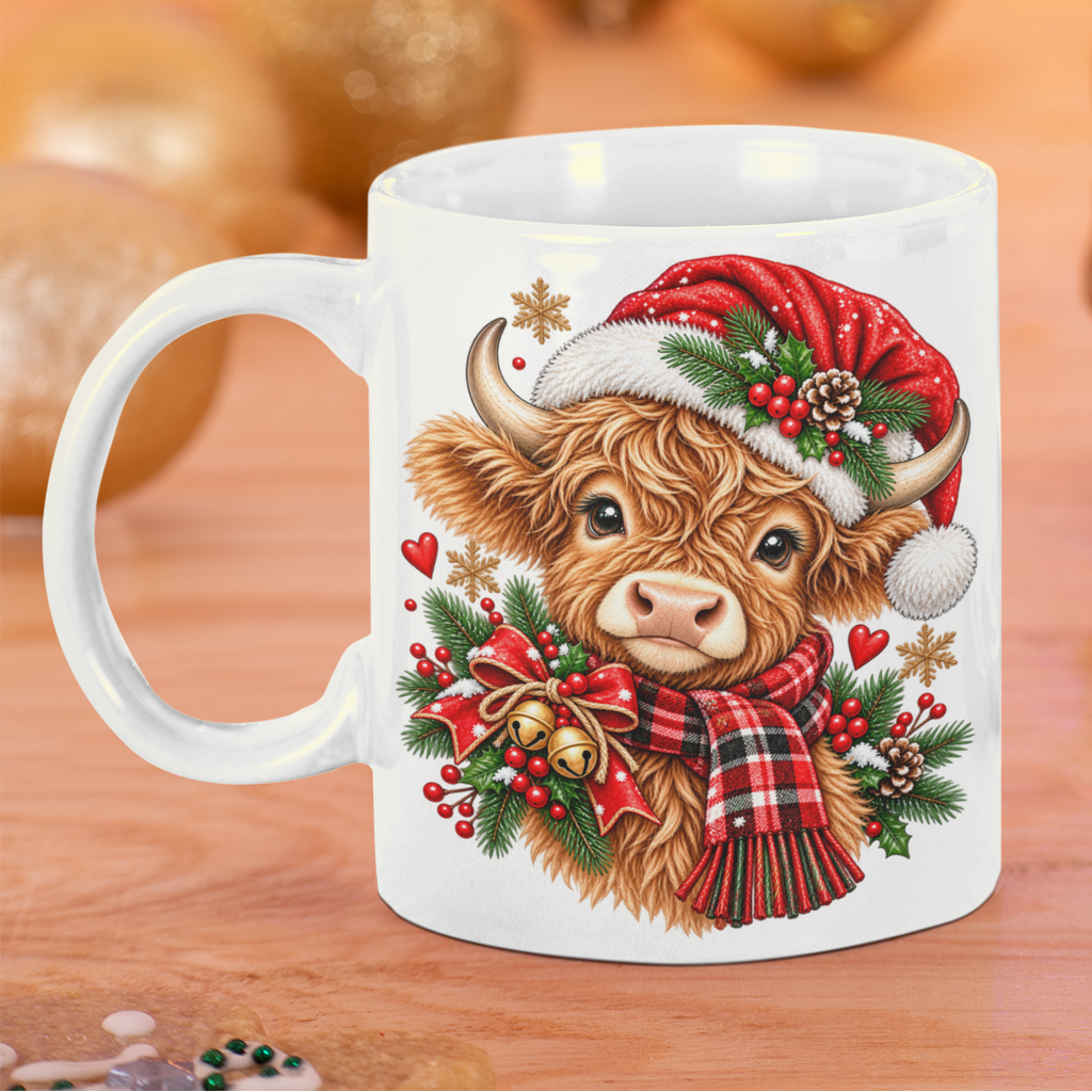 A white ceramic mug featuring a festive illustration of a Scottish highland cow wearing a red Santa hat and plaid scarf, surrounded by Christmas holly and bells. The mug is set on a wooden surface with a warm, blurred background of holiday lights, ornaments, and gingerbread cookies.