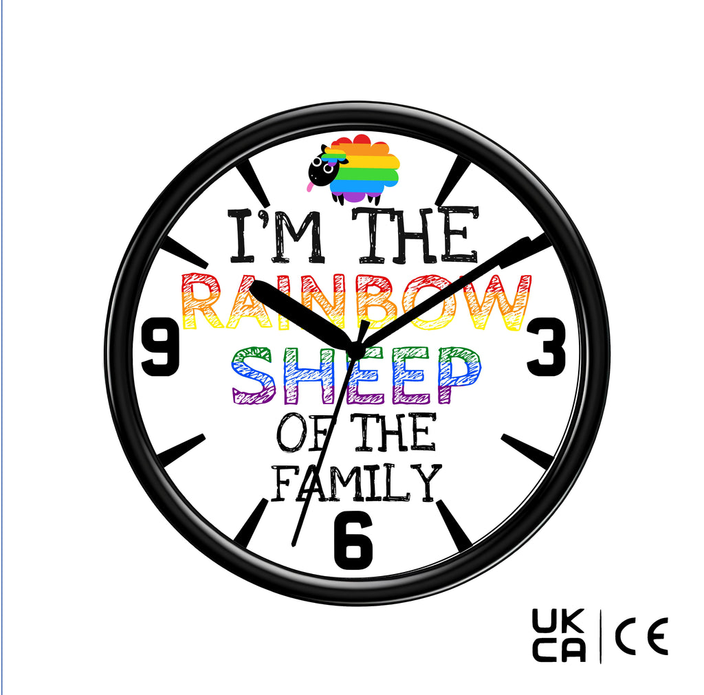Wall clock with rainbow sheep design and text 'I'm the rainbow sheep of the family' on a white background.