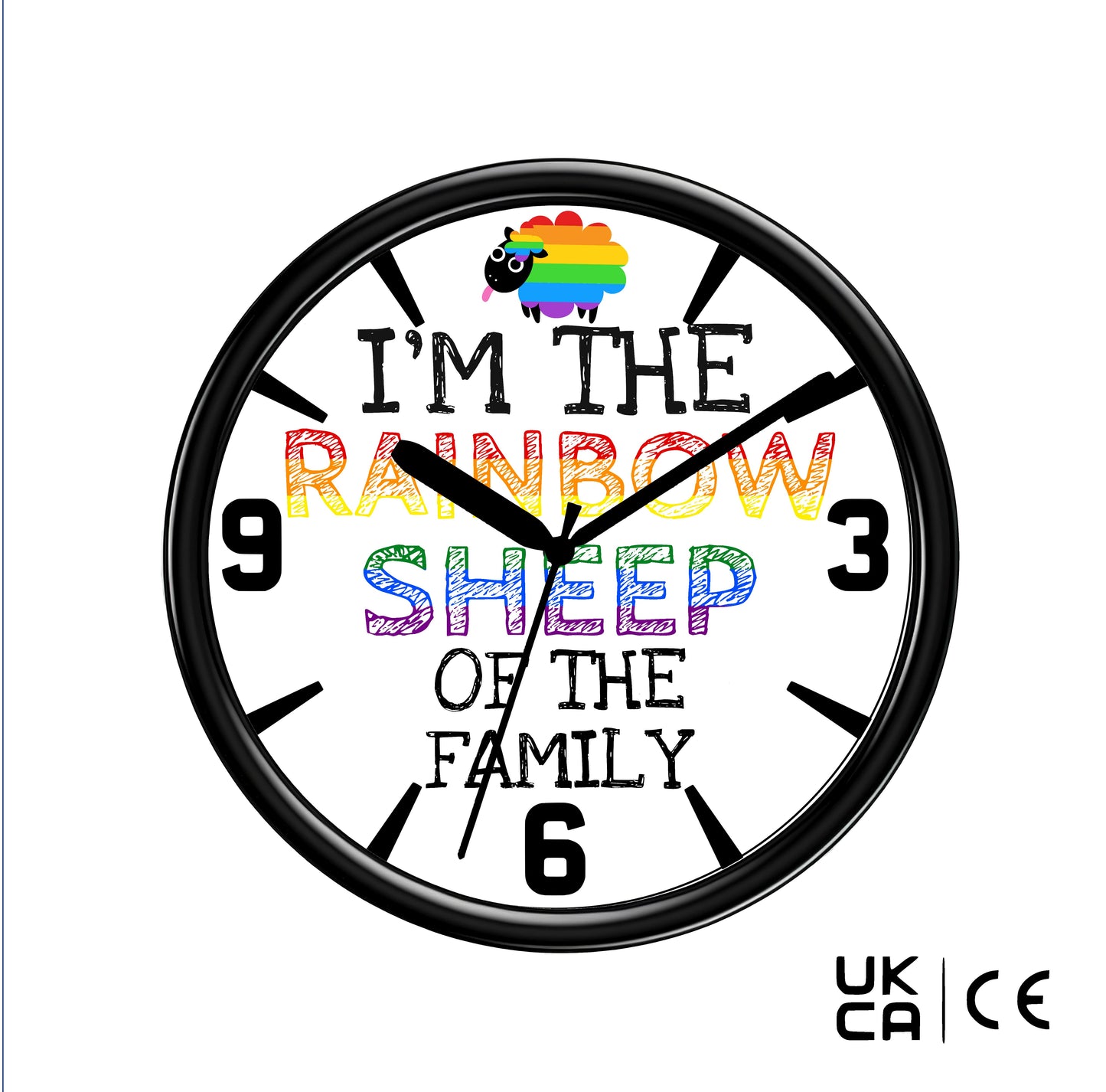 Wall clock with rainbow sheep design and text 'I'm the rainbow sheep of the family' on a white background.