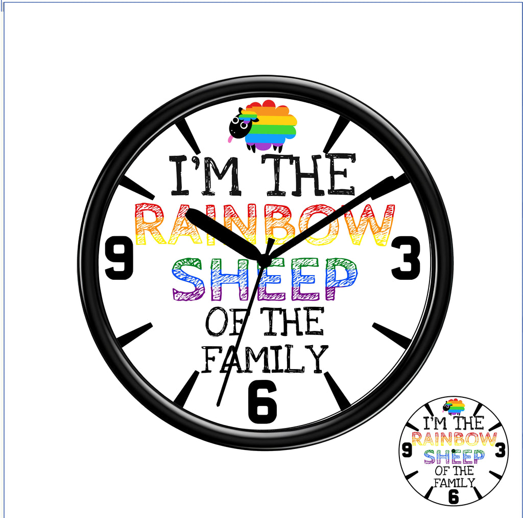 Wall clock with rainbow sheep design and text 'I'm the rainbow sheep of the family' on a white background.