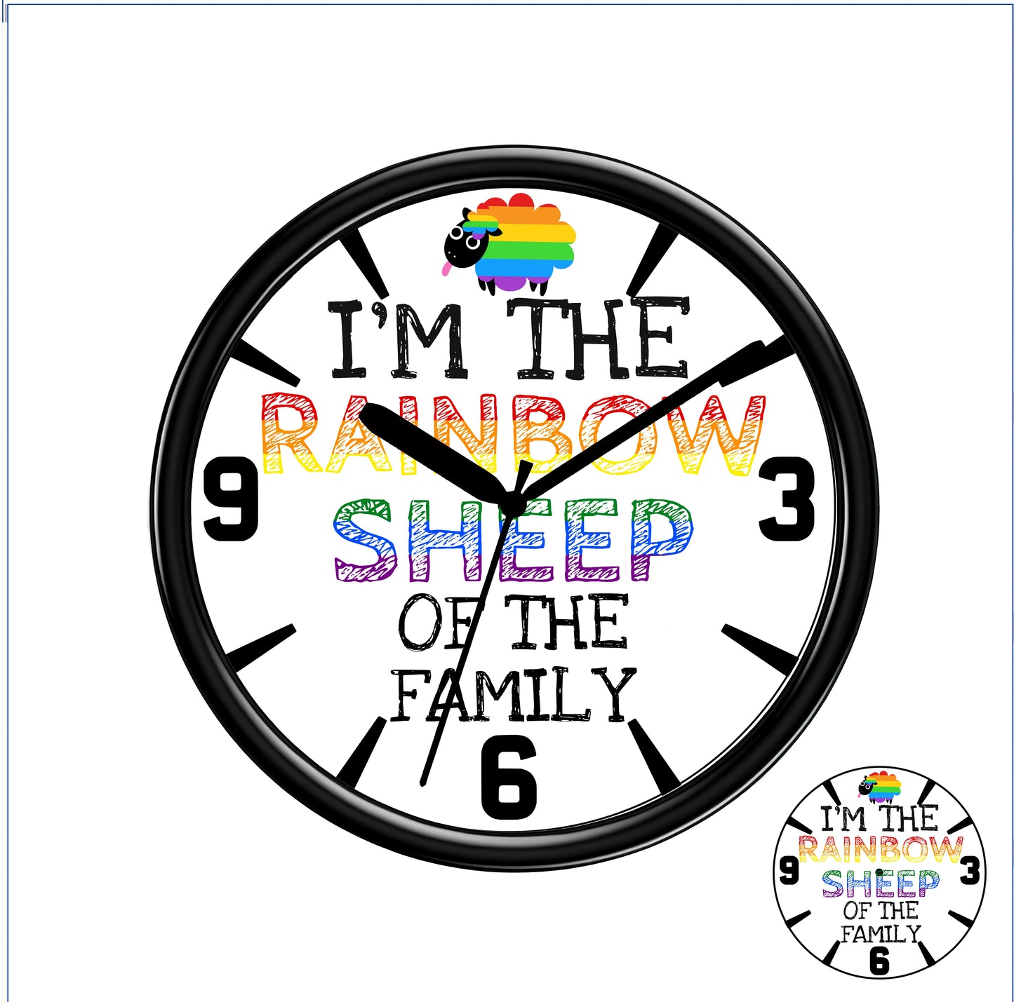 Wall clock with rainbow sheep design and text 'I'm the rainbow sheep of the family' on a white background.