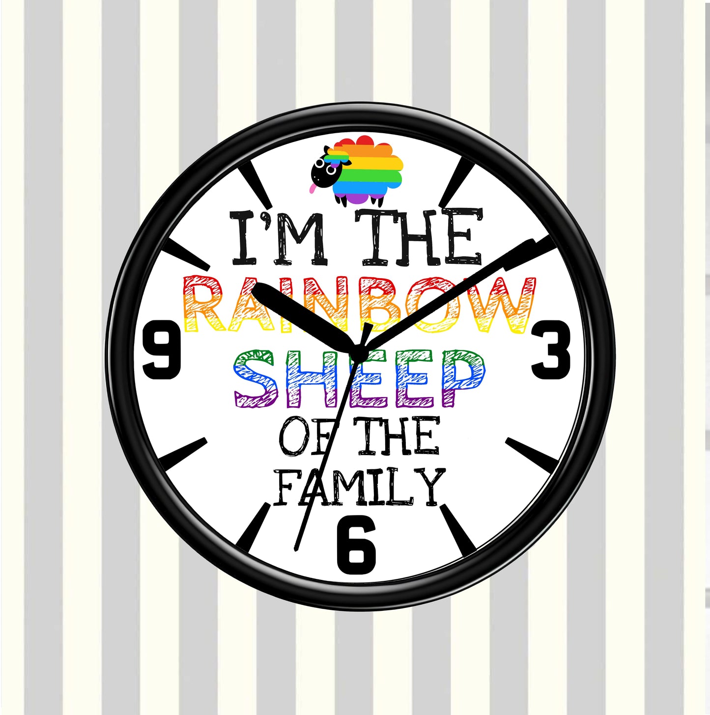 Wall clock with rainbow sheep design and text on a striped background