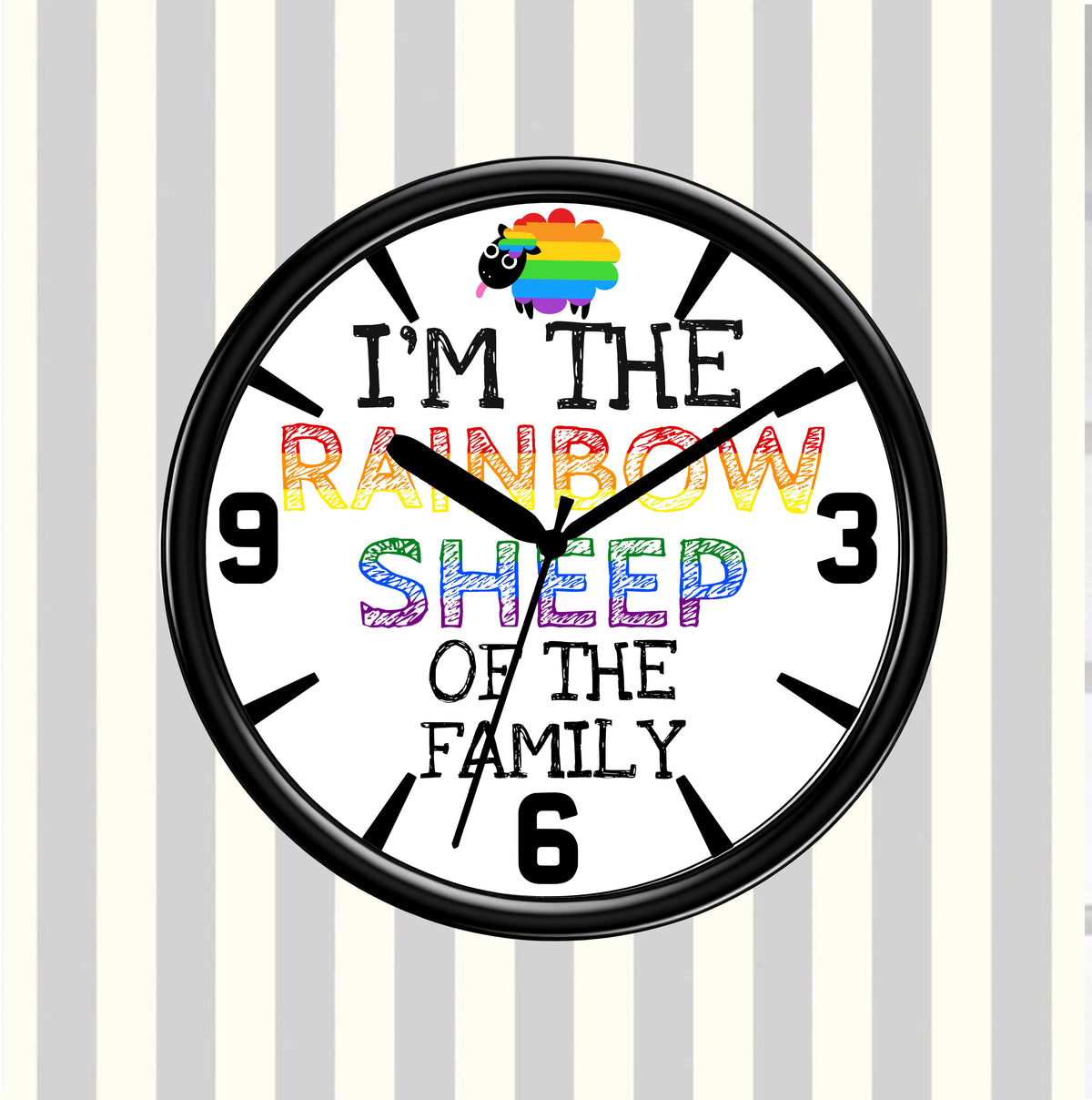 Wall clock with rainbow sheep design and text on a striped background