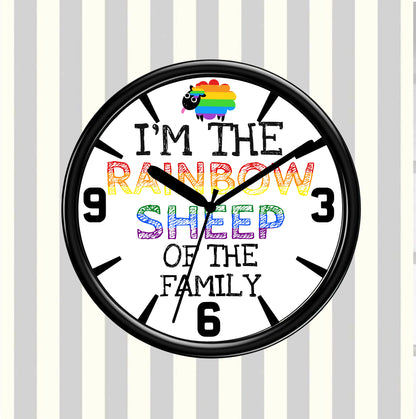 Wall clock with rainbow sheep design and text on a striped background