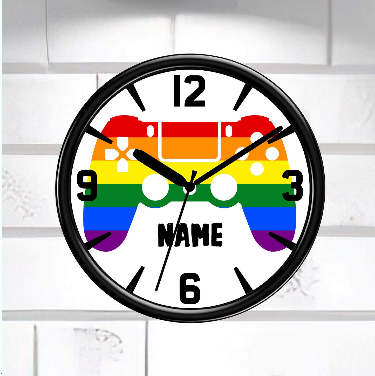 Wall clock with rainbow design and 'NAME' text on a white brick wall background