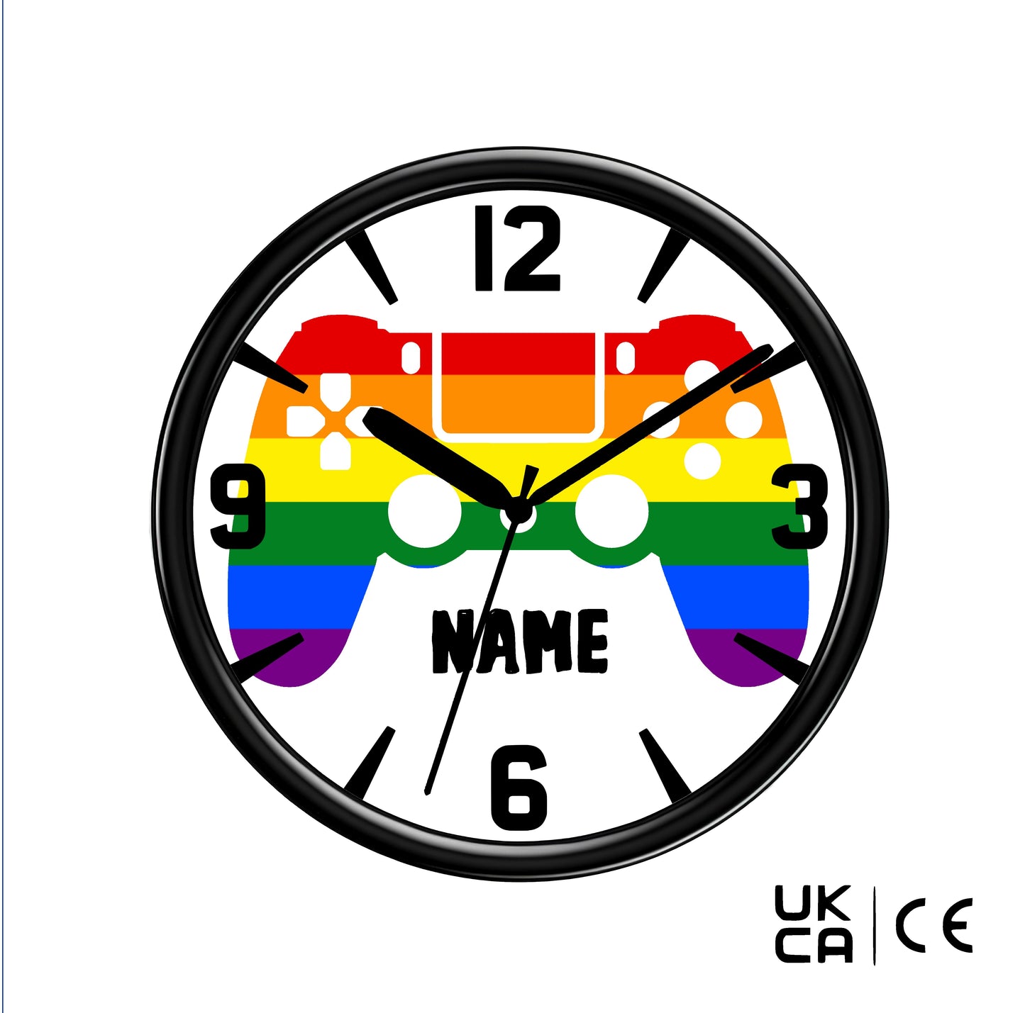 Wall clock with rainbow design and 'NAME' text on a white background