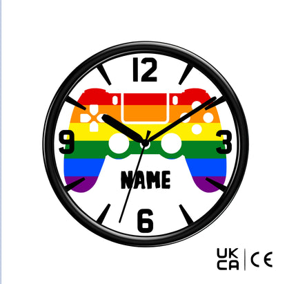 Wall clock with rainbow design and 'NAME' text on a white background