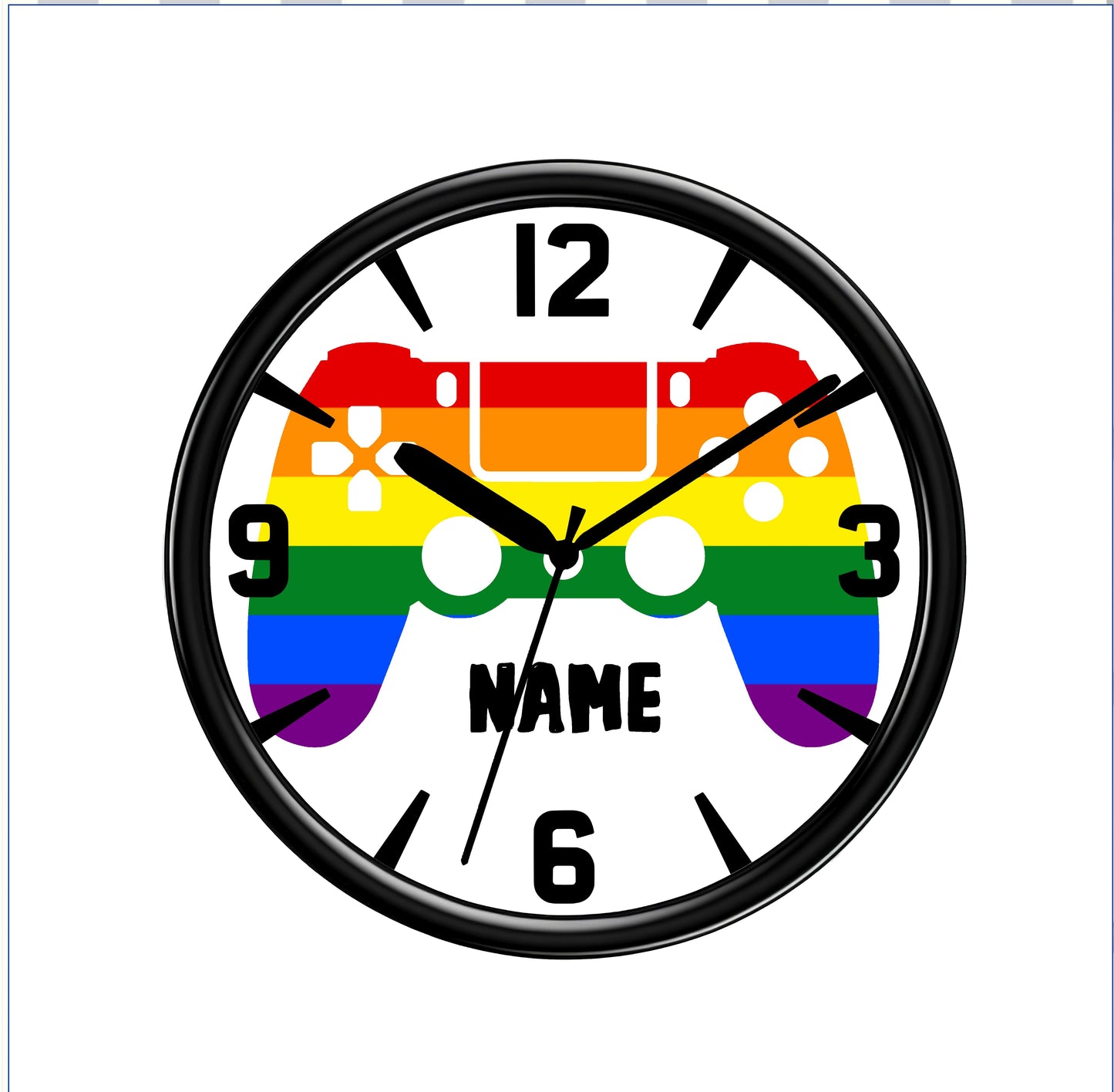 Wall clock with rainbow-colored game controller design and customizable name text.