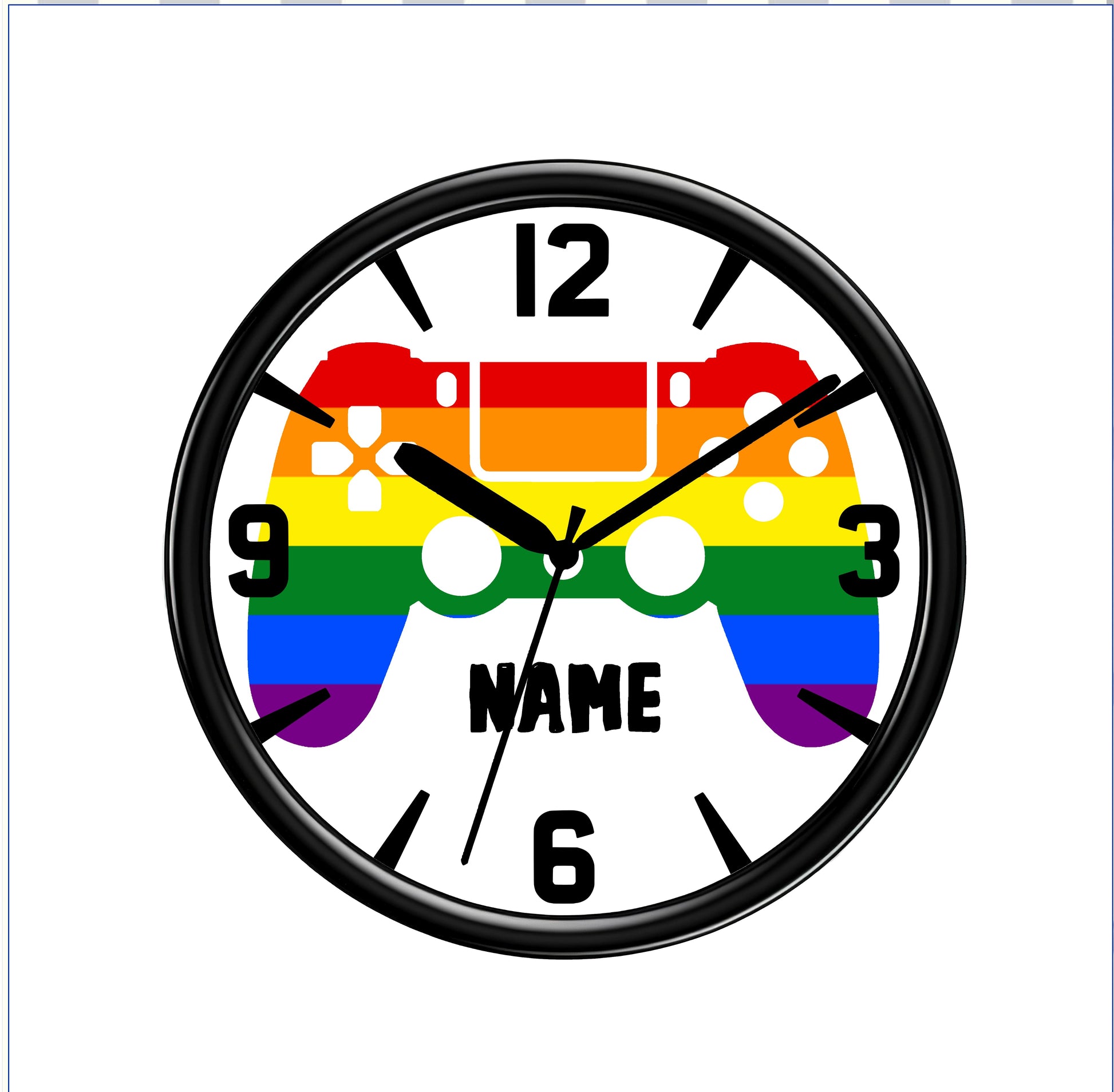 Wall clock with rainbow-colored game controller design and customizable name text.