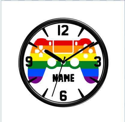 Wall clock with rainbow-colored game controller design and customizable name text.