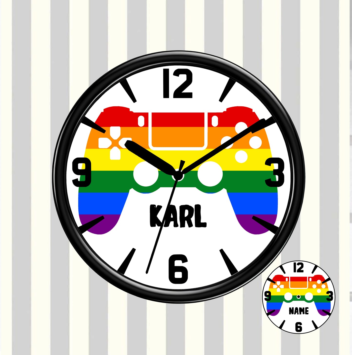 Wall clock with rainbow design and 'Karl' text on a striped background