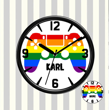 Wall clock with rainbow design and 'Karl' text on a striped background