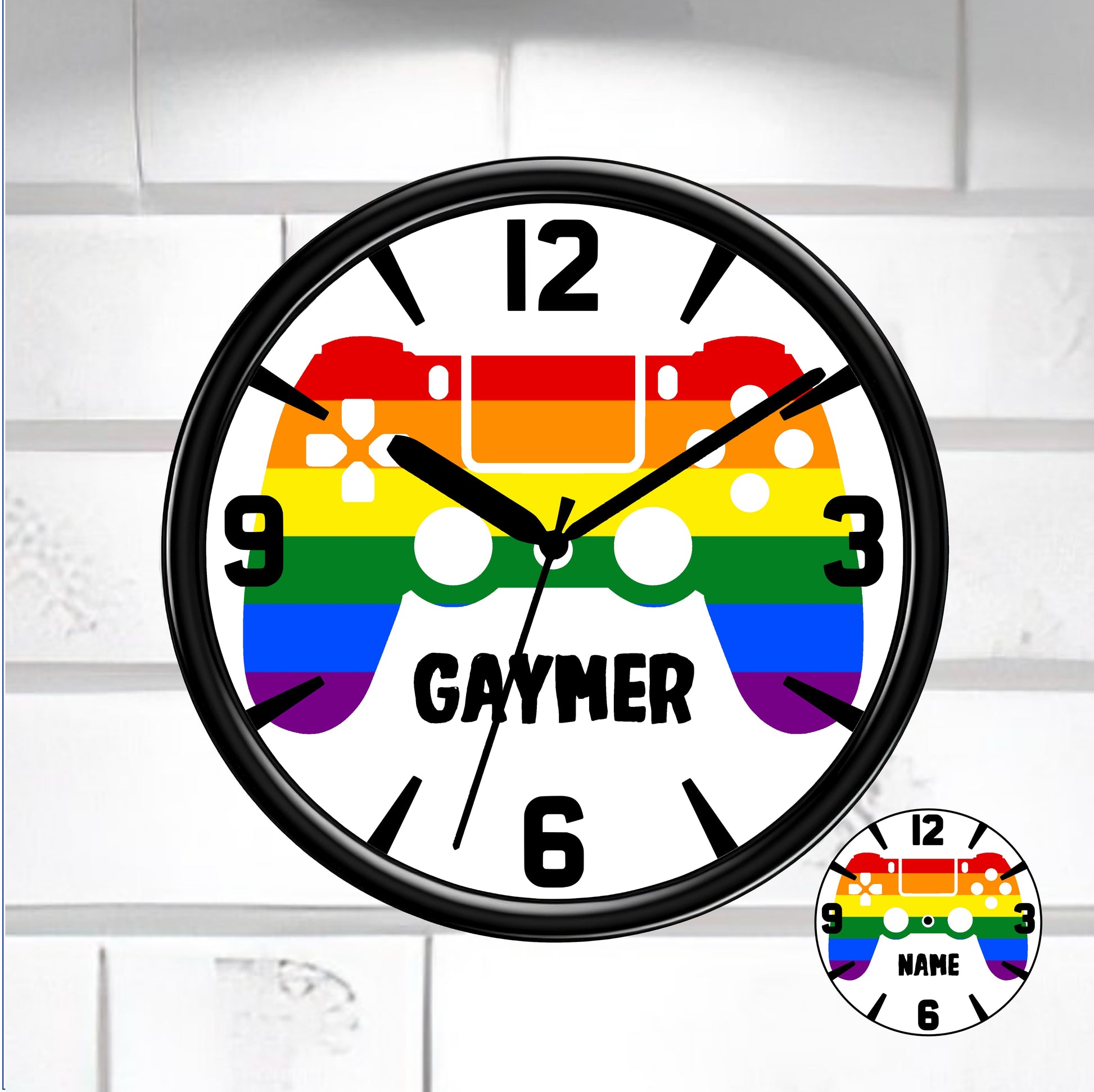 Wall clock with rainbow design and 'GAMER' text on a white brick wall background