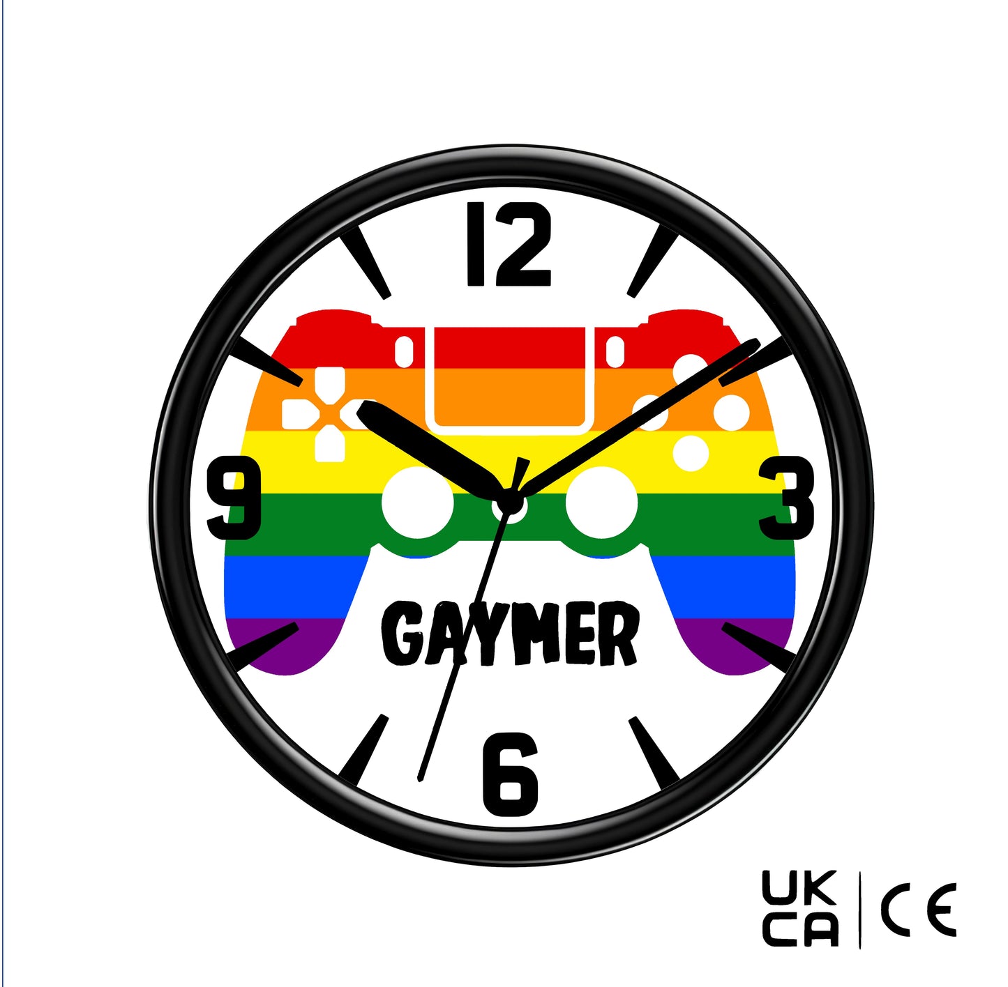 Wall clock with rainbow controller design and 'GAYMER' text on a white background