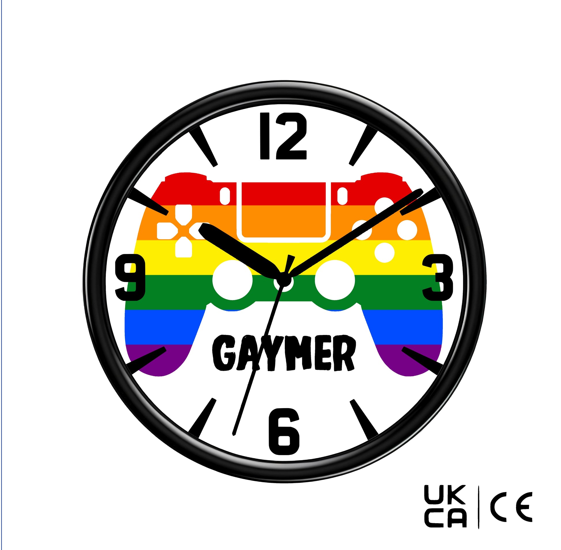 Wall clock with rainbow controller design and 'GAYMER' text on a white background