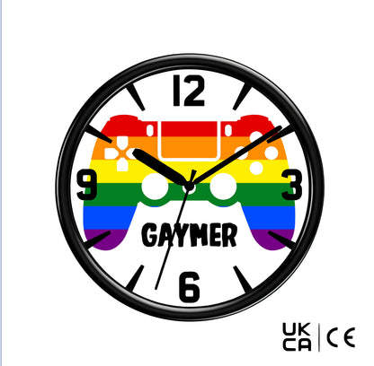 Wall clock with rainbow controller design and 'GAYMER' text on a white background