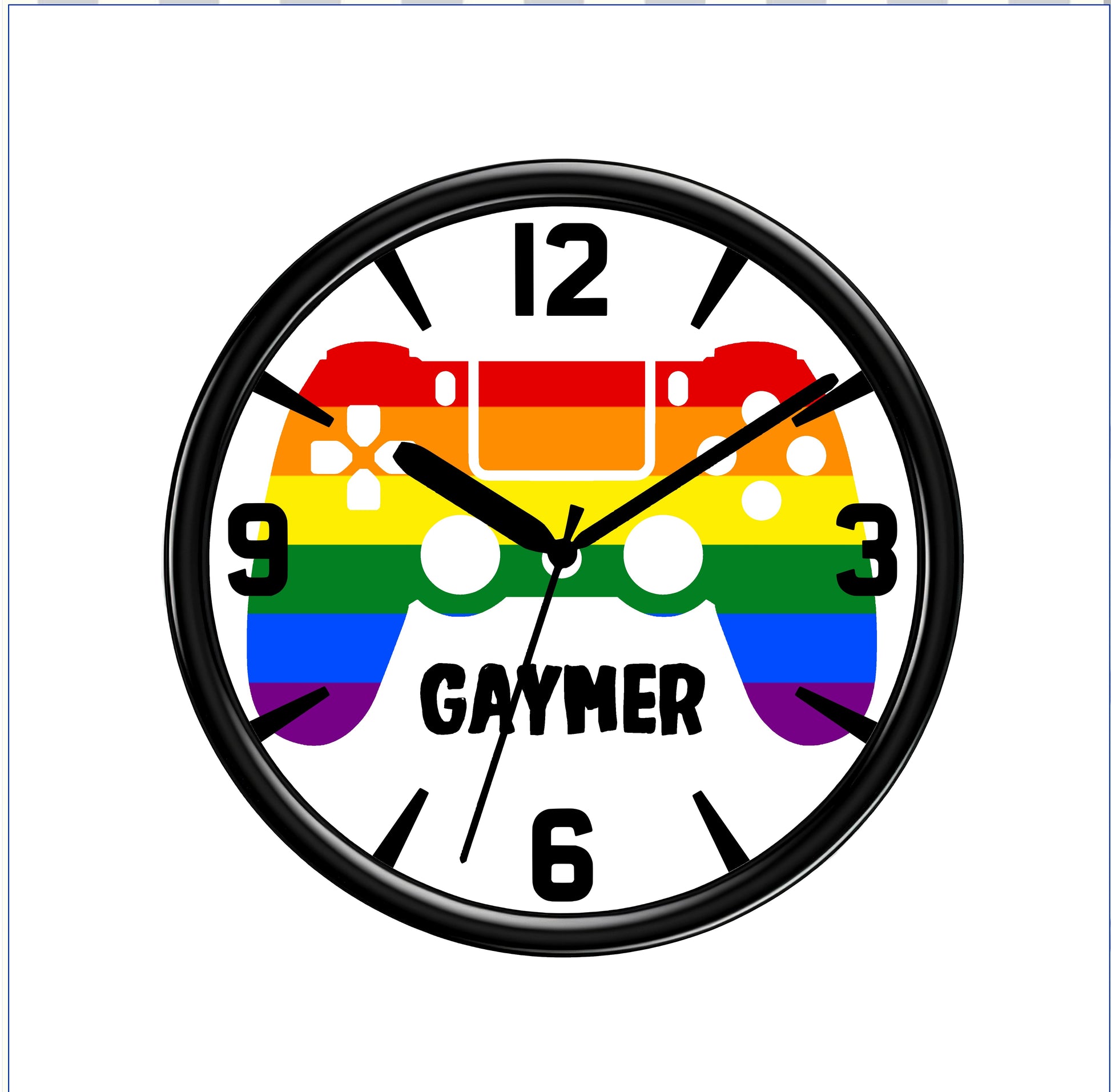 Wall clock with rainbow design and 'GAYMER' text on a white background