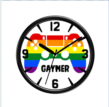 Wall clock with rainbow design and 'GAYMER' text on a white background