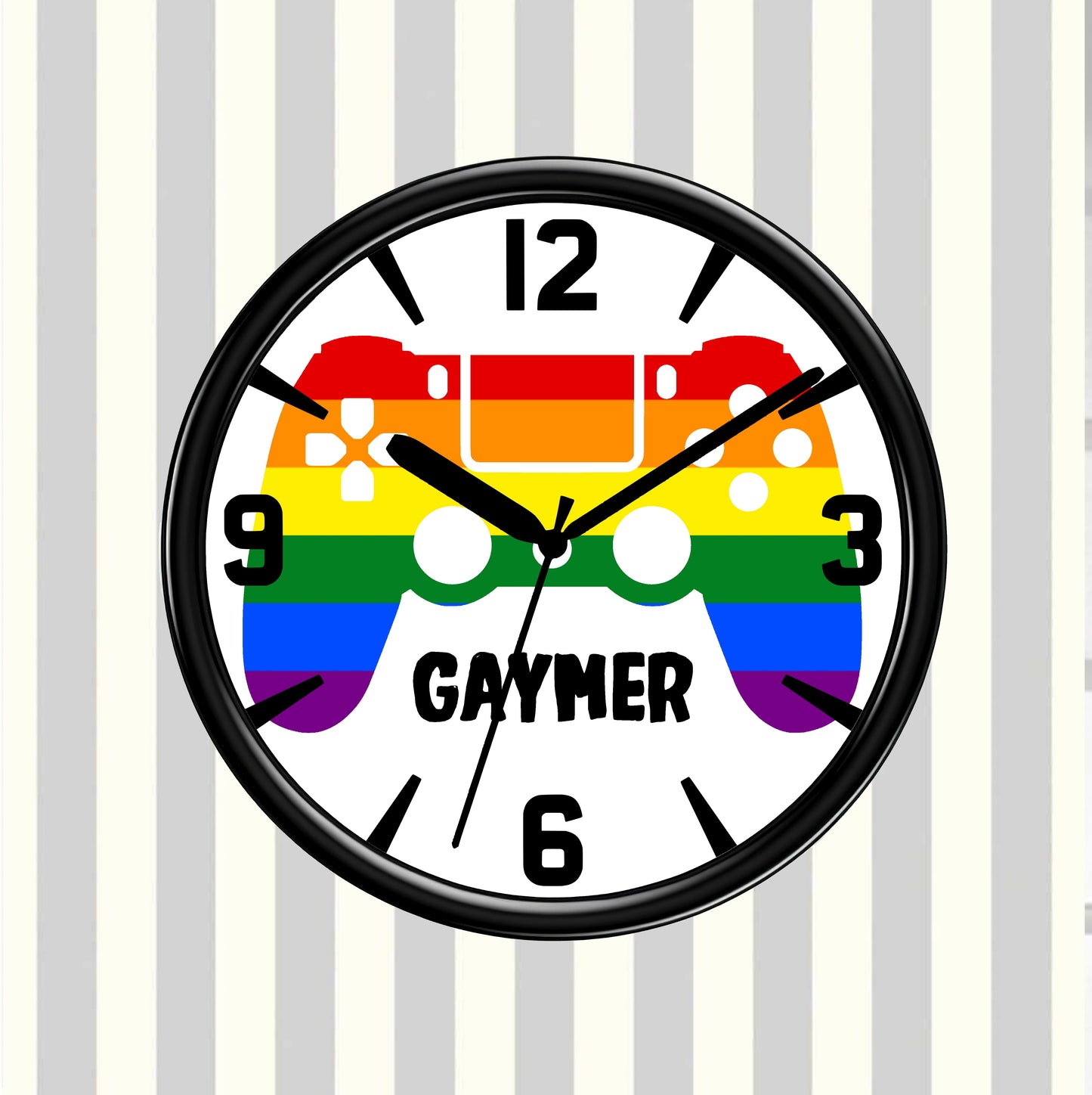 Wall clock with rainbow design and 'GAYMER' text on a striped background