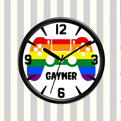 Wall clock with rainbow design and 'GAYMER' text on a striped background
