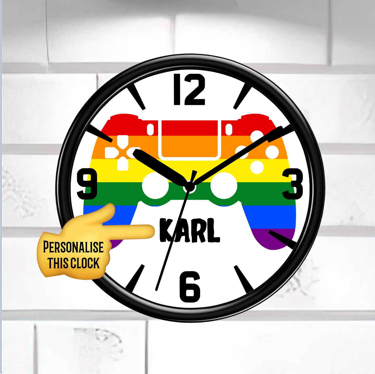 Wall clock with rainbow design and 'Karl' branding on a white background
