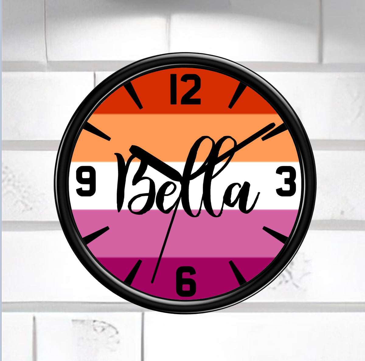 Wall clock with colorful lesbian gradient face and 'Bella' branding