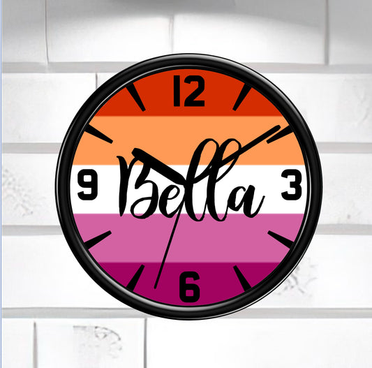 Wall clock with colorful lesbian gradient face and 'Bella' branding