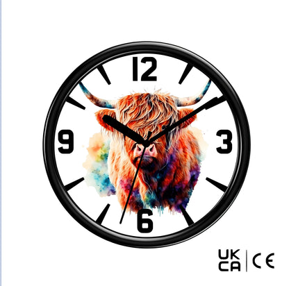 Wall clock with a colorful highland cow design on a white background