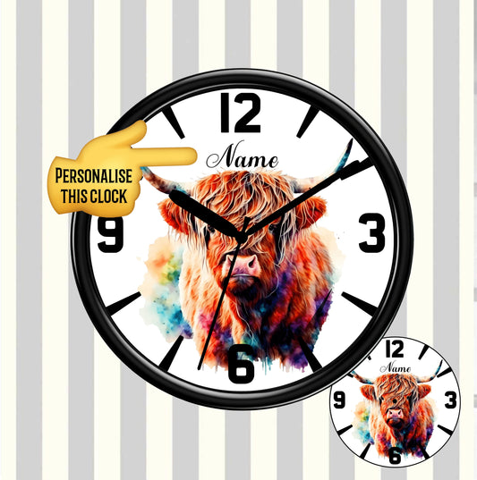 Colorful cow-themed clock with a customizable feature on a striped background