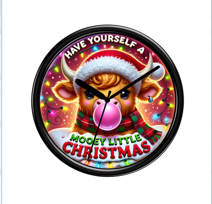 Christmas-themed clock with a cow wearing a Santa hat and colorful text on a white background
