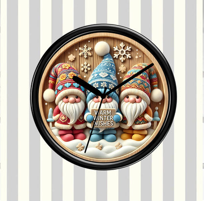 Decorative wall clock with cartoon gnomes and snowflakes on a striped background