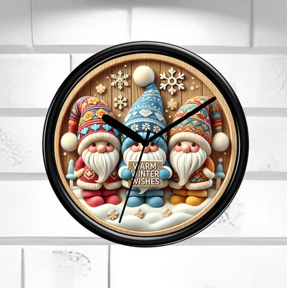Wall clock with three colorful gnomes and 'Warm Winter Wishes' text on a wooden background.