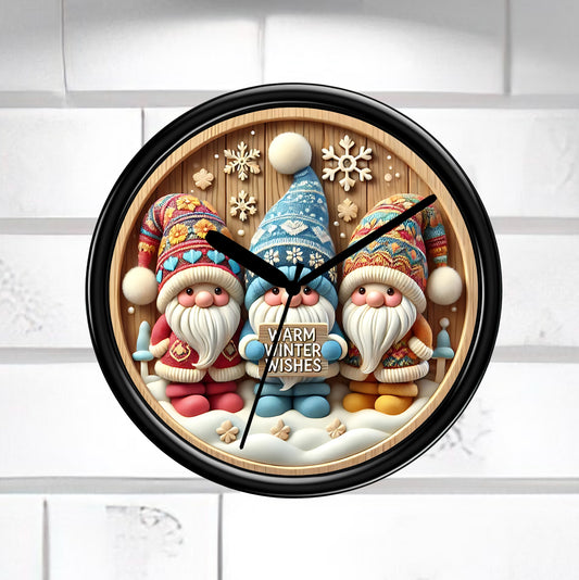 Wall clock with three colorful gnomes and 'Warm Winter Wishes' text on a wooden background.
