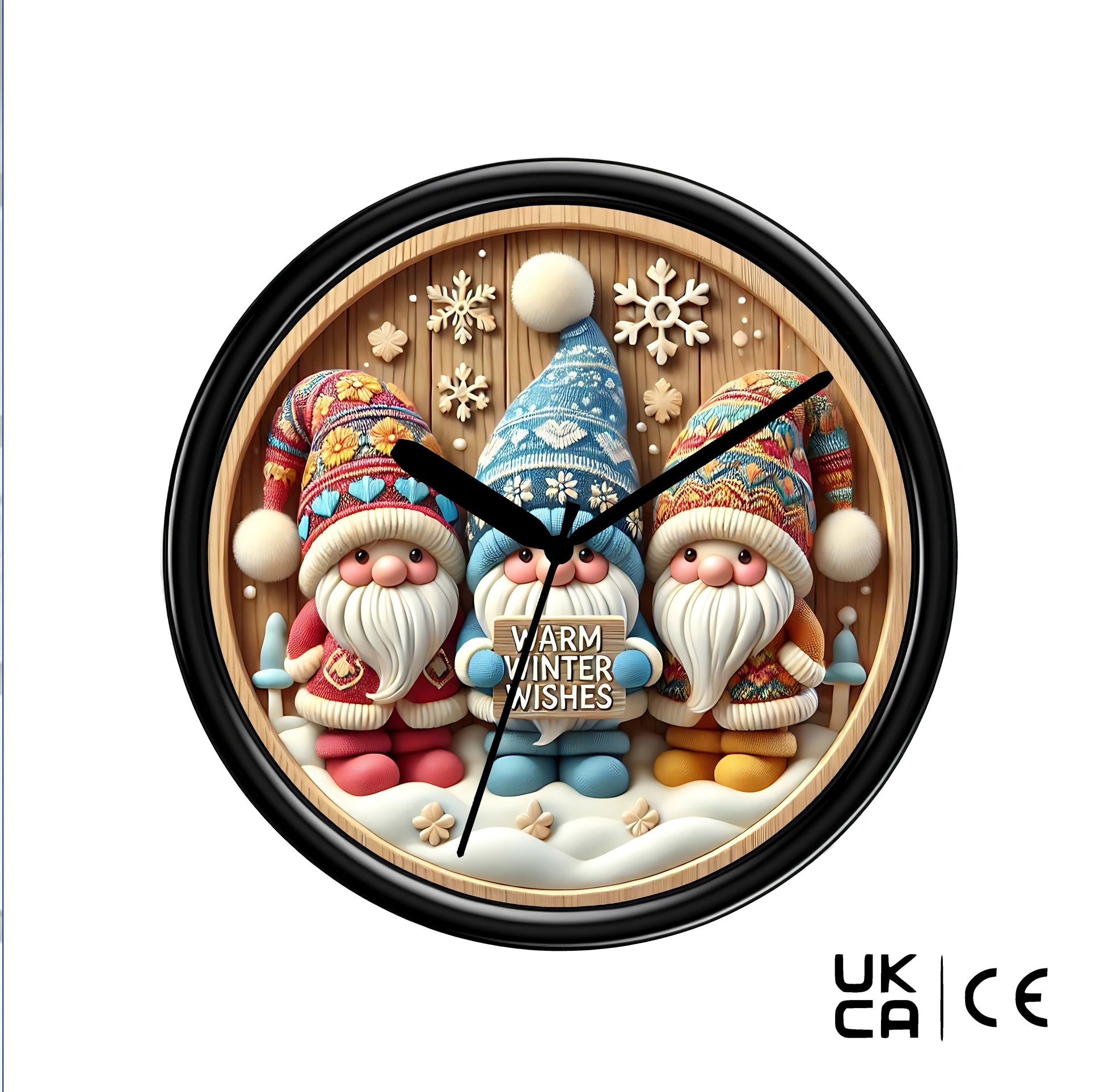 Wall clock with three colorful gnomes and 'Warm Winter Wishes' text on a wooden background.
