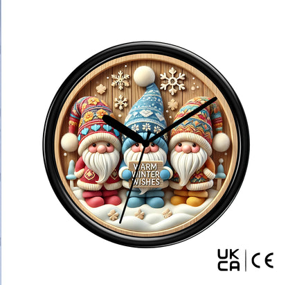 Wall clock with three colorful gnomes and 'Warm Winter Wishes' text on a wooden background.