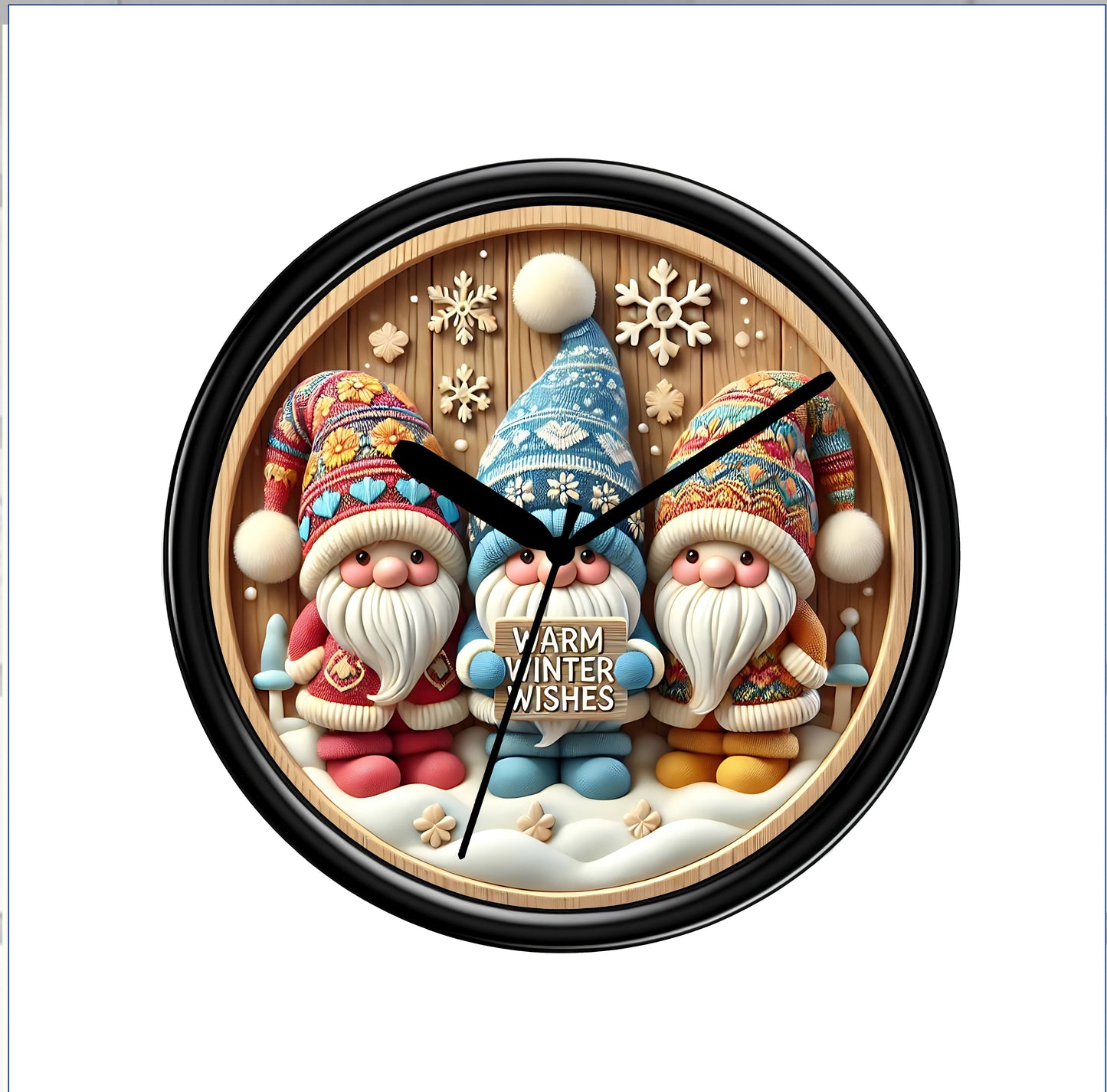 Wall clock with cartoon gnomes design on a white background