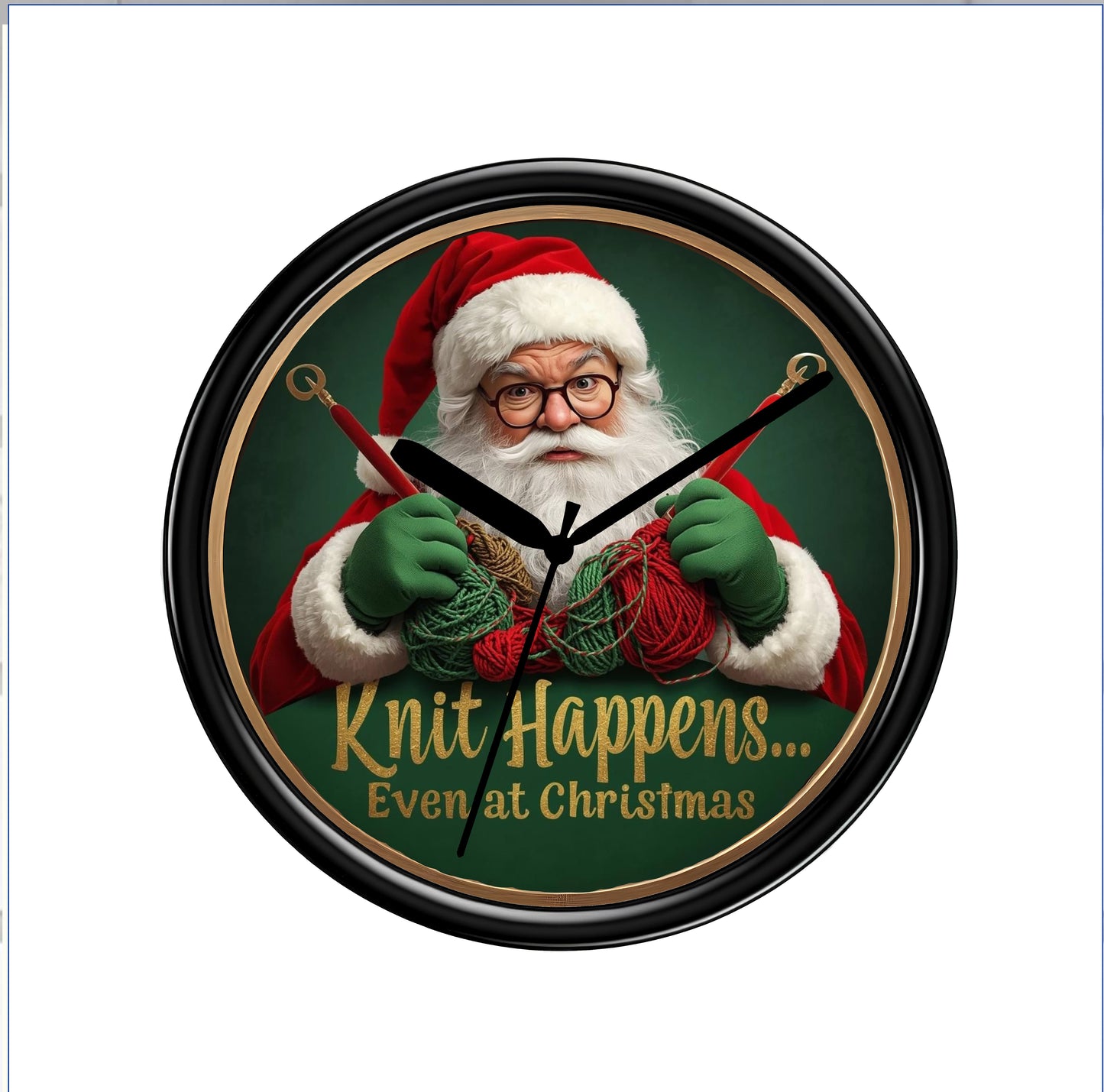 Wall clock with Santa Claus holding knitting materials and text 'Knit Happens... Even at Christmas' on a green background.