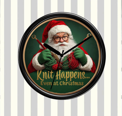 Wall clock with Santa Claus holding knitting tools and text 'Knit Happens... Even at Christmas' on a striped background.
