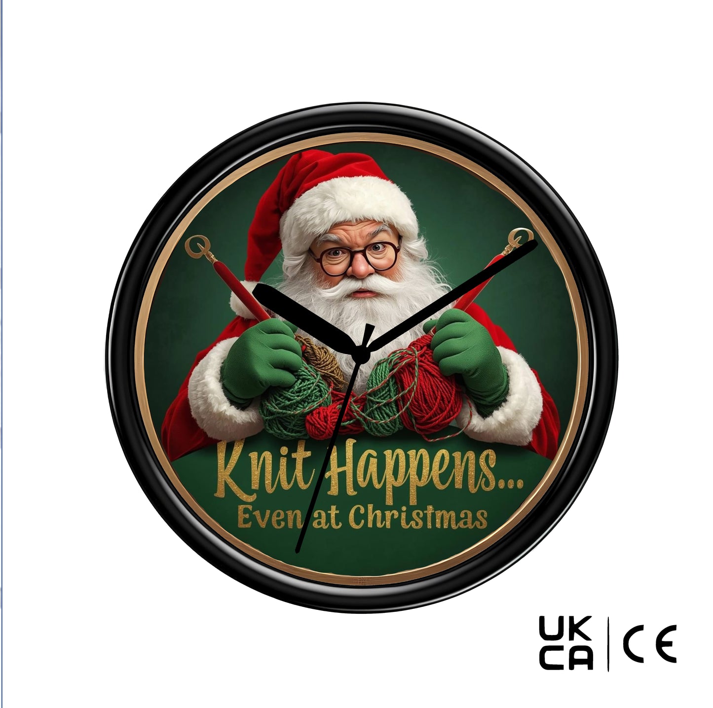 Wall clock with Santa Claus holding knitting materials and text 'Knit Happens... Even at Christmas' on a green background.