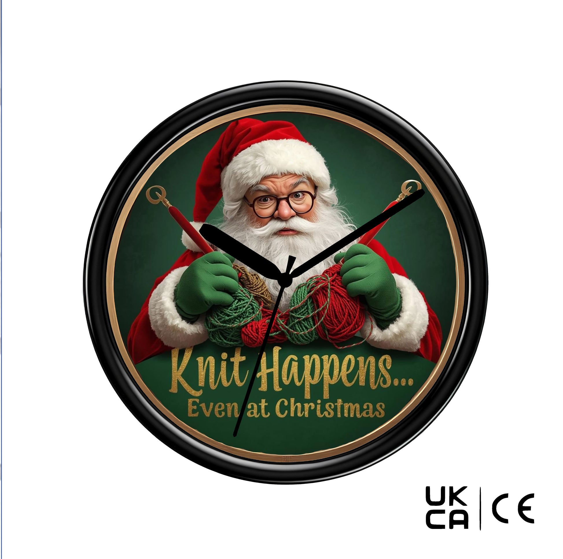 Wall clock with Santa Claus holding knitting materials and text 'Knit Happens... Even at Christmas' on a green background.